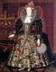England: Queen Elizabeth I (r. 1558-1603) represented standing on a fine oriental carpet. The 'Hardwick Hall' portrait from the studio of Nicholas Hilliard, c. 1599